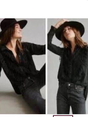 Pilcro Anthropologie Blouse Top Black Ruffle Button Up Boho Western Large